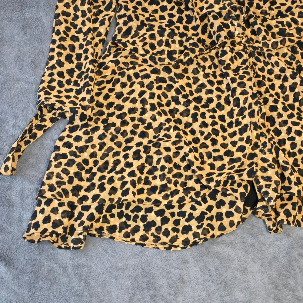 Free People Leopard Print Long Sleeve Mini Wrap‎ Dress Ruffle Hem V-Neck Burnout
